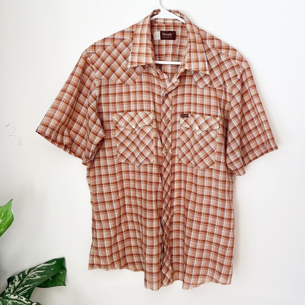 SIZE L Wrangler Western Pearl Snap Shirt Brown Plaid Short Sleeve Vintage